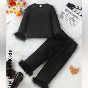 Toddler girl black fur trim set Splice Furry T-shirt and Pants Set